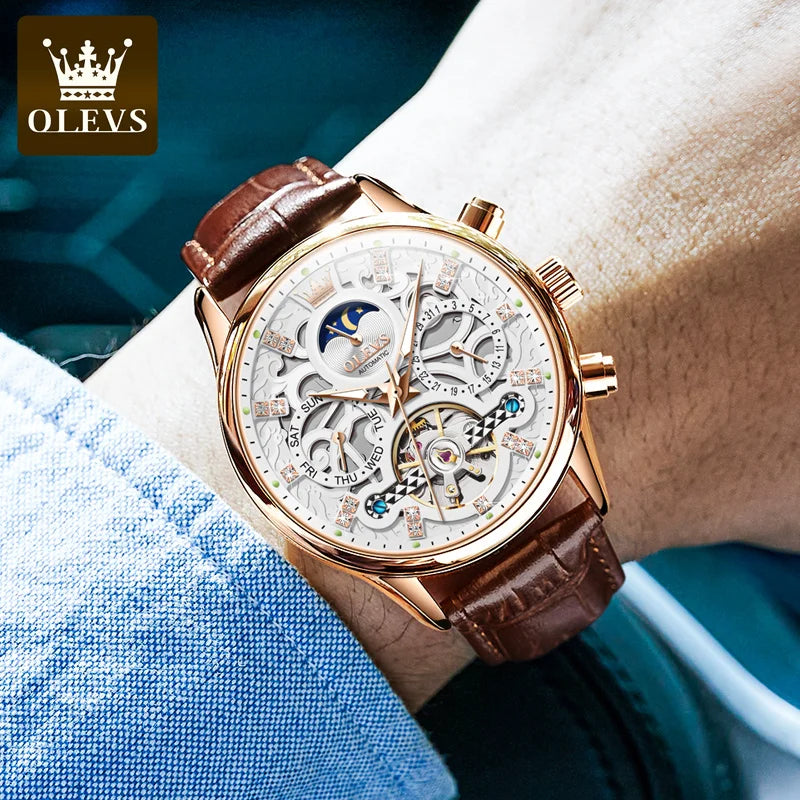 OLEVS Top Marke männer Uhren Mode Skeleton Tourbillon Automatische Mechanische Armbanduhr für Männer Wasserdicht Lederband Neue