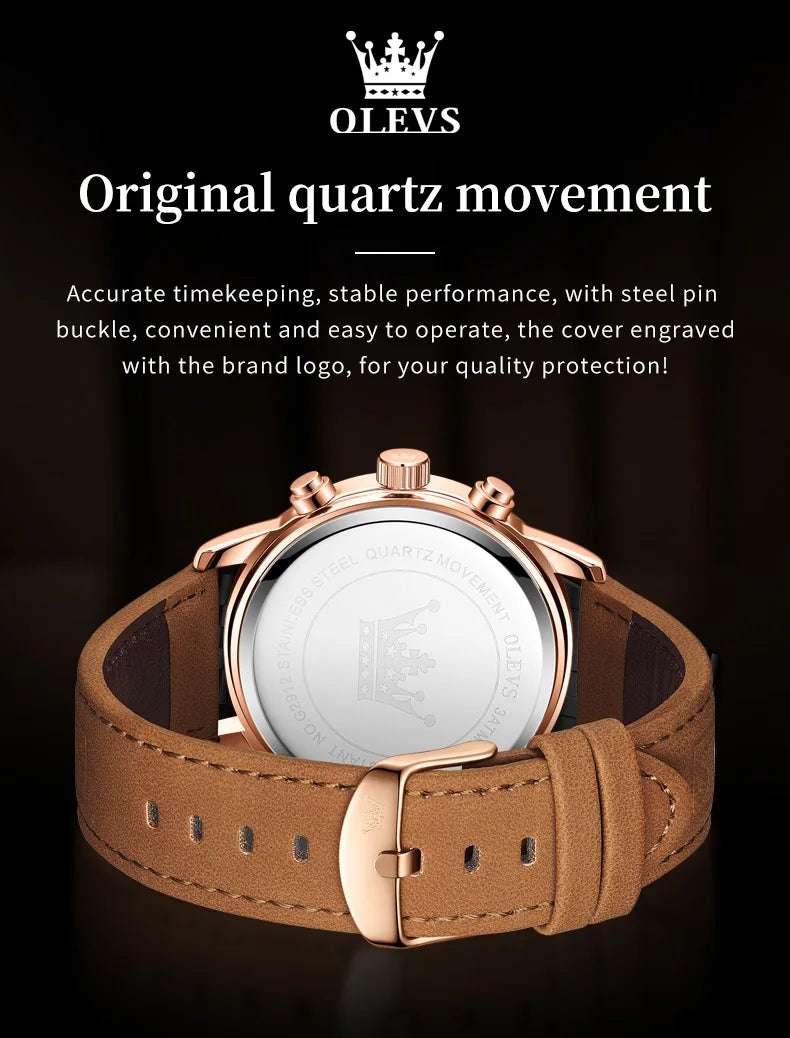 OLEVS Herrenuhren im jungen Sportstil, Original-Quarz-Armbanduhr für Herren, wasserdicht, leuchtend, Chronograph, Datum, Mondphase