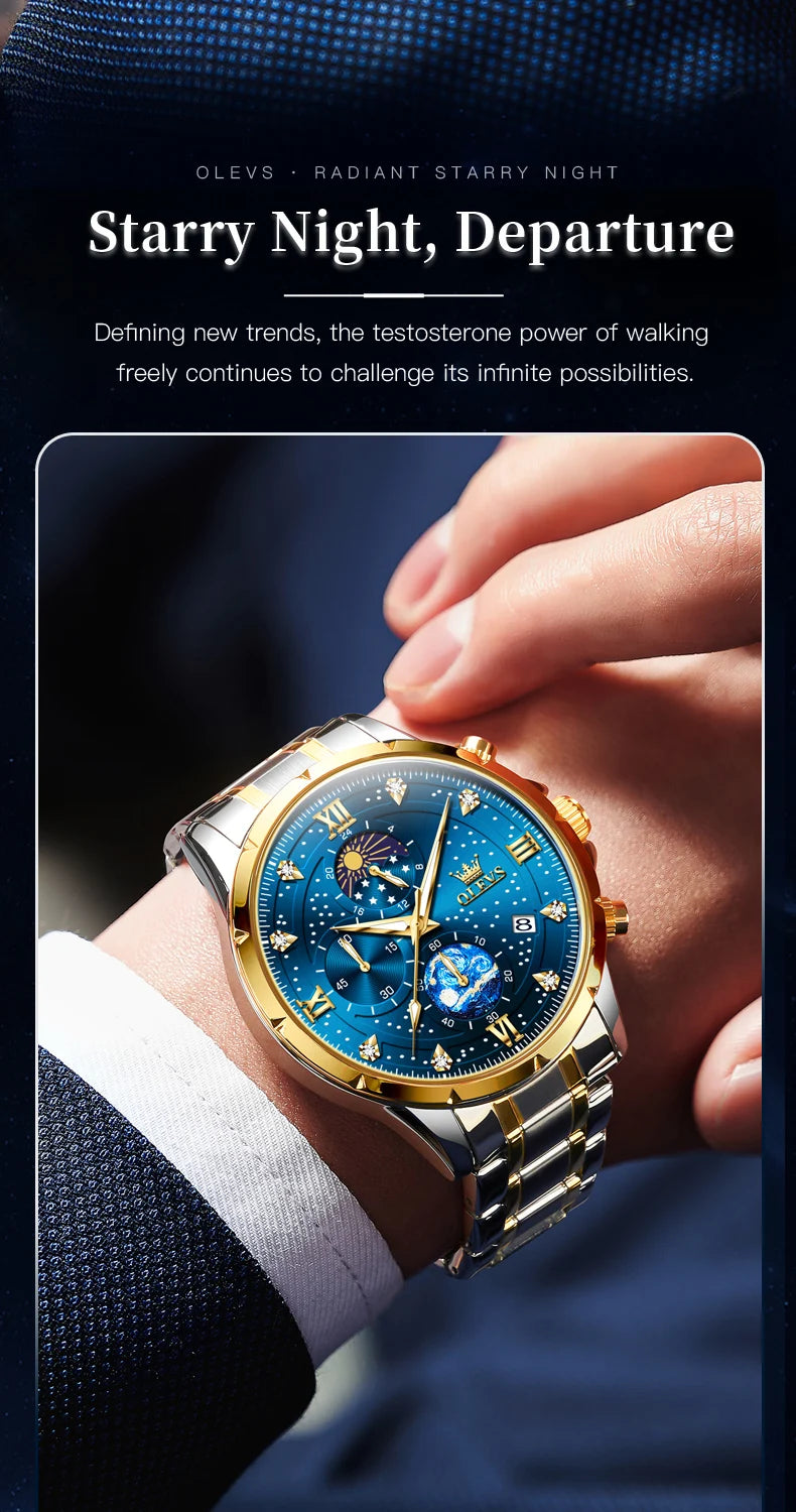 OLEVS Luxury Luminous Starry Sky Dial Men's Watches Moon Phase Waterproof Original Quartz Watch for Male Wristwatch Chronograph