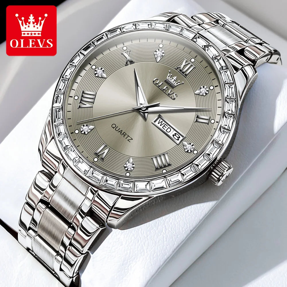 Olevs Herren uhren Top-Marken klassiker Mode Original Quarz Armbanduhr für männliche Zirkon Lünette wasserdichte leuchtende Datum Woche