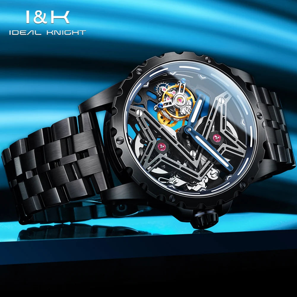 Ideale Ritter 6803 transparente Tourbillon Mann Uhr große Wand Serie Skelett aushöhlen automatische mechanische Armbanduhr für Männer