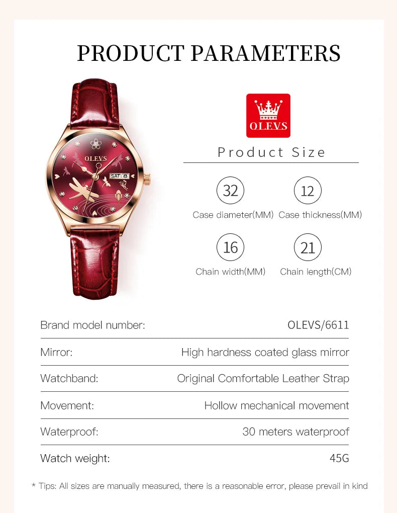 Olevs Luxus Damenmode rote Uhren Qualitäten mechanische Uhr Damen Leder Armbanduhren elegante montre femme