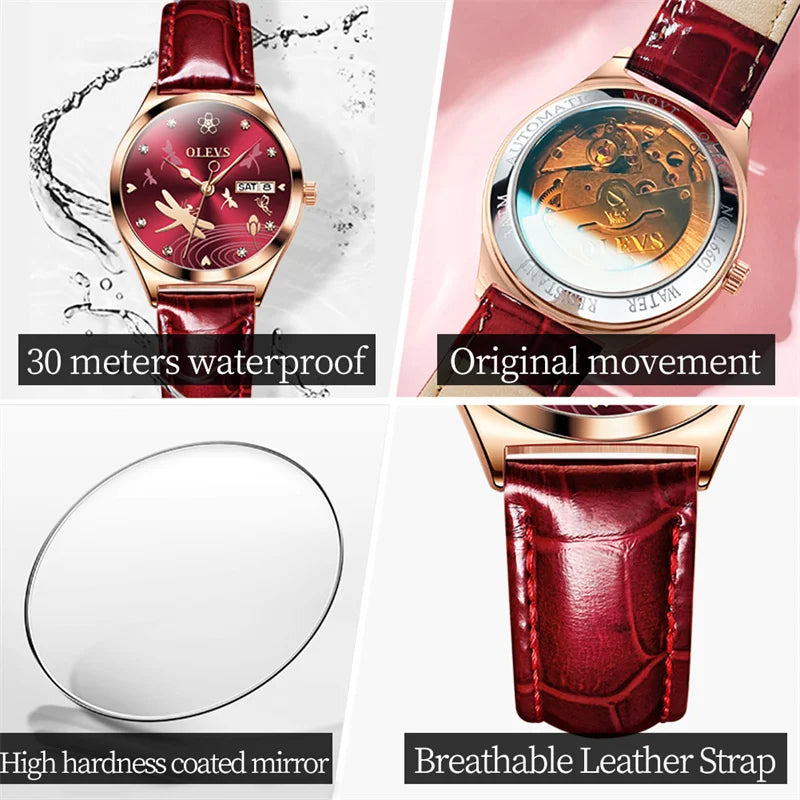 Olevs Luxus Damenmode rote Uhren Qualitäten mechanische Uhr Damen Leder Armbanduhren elegante montre femme