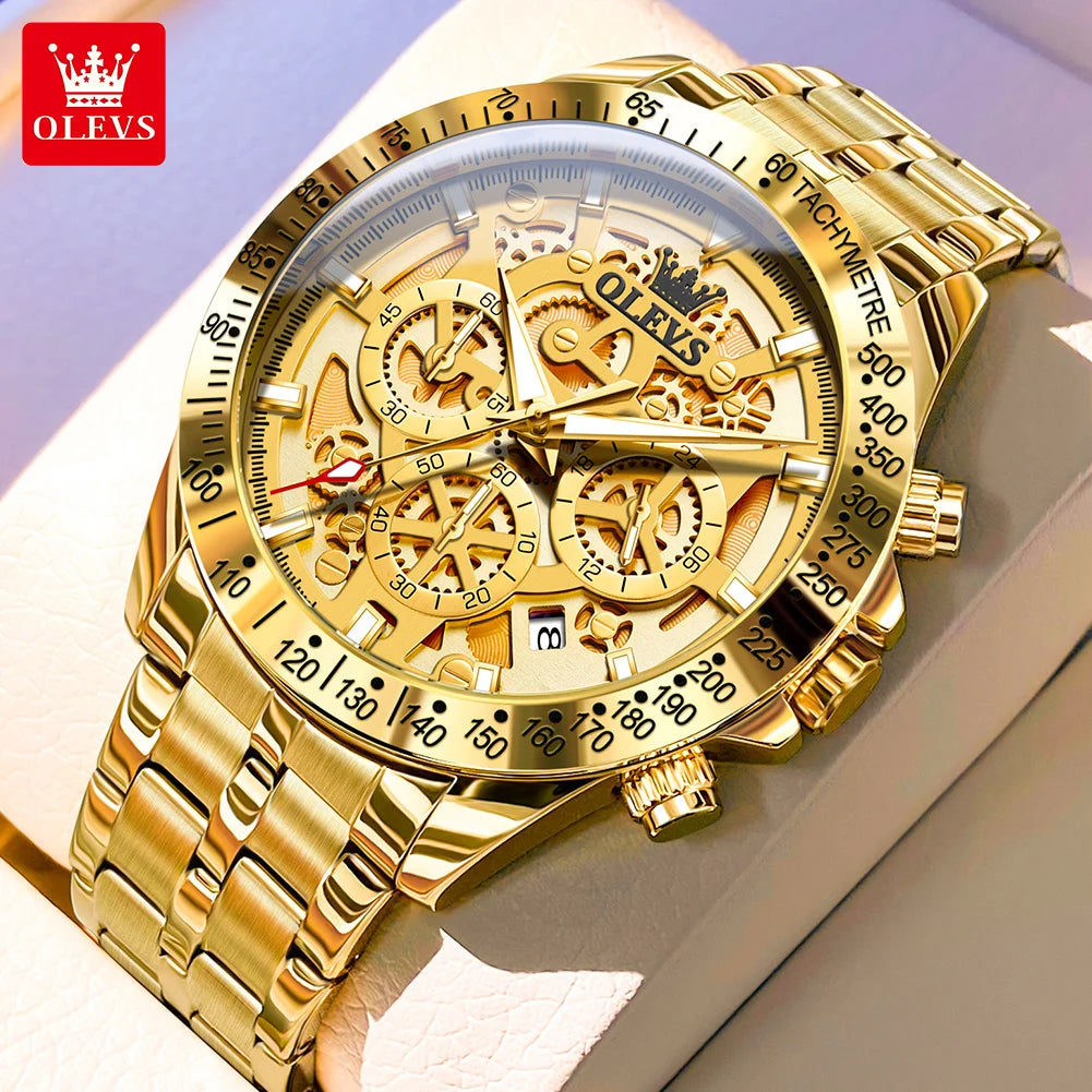 Olevs lxuxry Marke Gold Herren uhren Voll skelett Edelstahl Chronograph Armbanduhr wasserdichte leuchtende Quarzuhr Herren