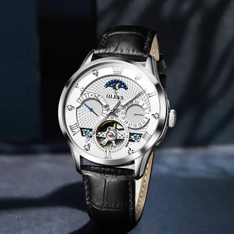 OLEVS herren Uhren Business Skeleton Automatische Mechanische Armbanduhr Wasserdicht Leder Kalender Datum Uhr für Mann Neue Ankunft