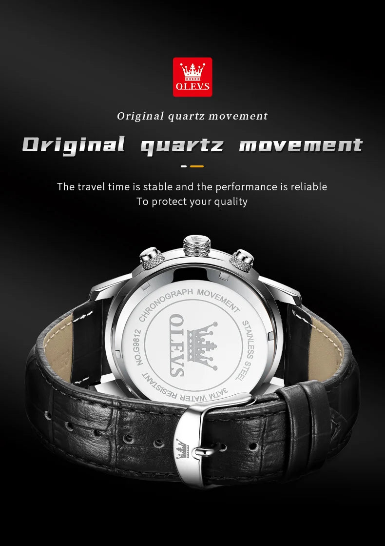 OLEVS 9812 Herrenuhr, neue Original-komfortable Quarzuhr, Lederarmband, wasserdicht, leuchtende Mondphase, automatische Datumsuhr