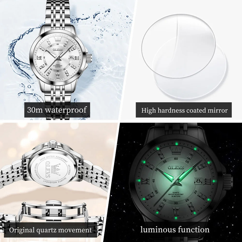 OLEVS 3620 Damenuhren, elegante Mode, Quarz-Wirtwatch für Damen, Diamant-Skala, wasserdicht, leuchtend, Automatikuhr