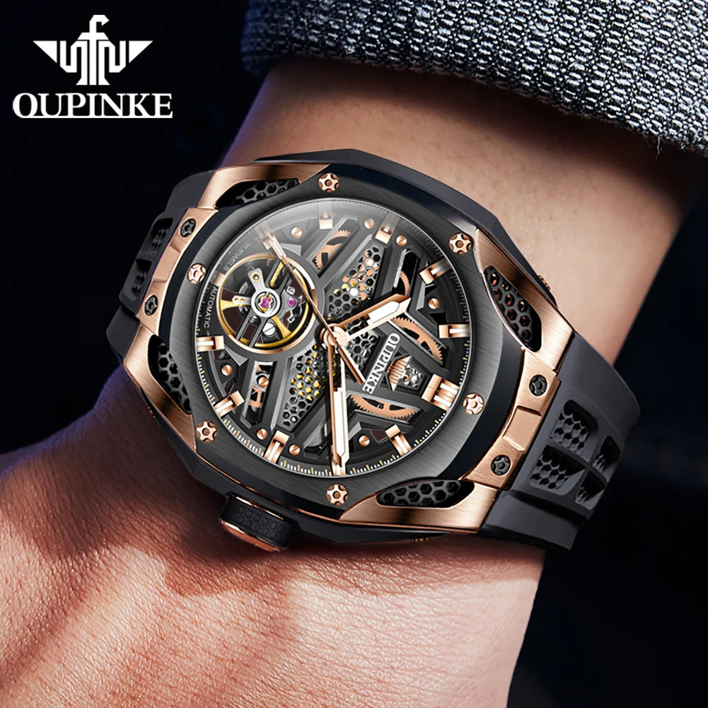 OUPINKE 9003 Voll Hohl Männer Automatische Mechanische Uhr Sport Silikon Armband Original Luxus Marke Skeleton Schwungrad Männer Uhr