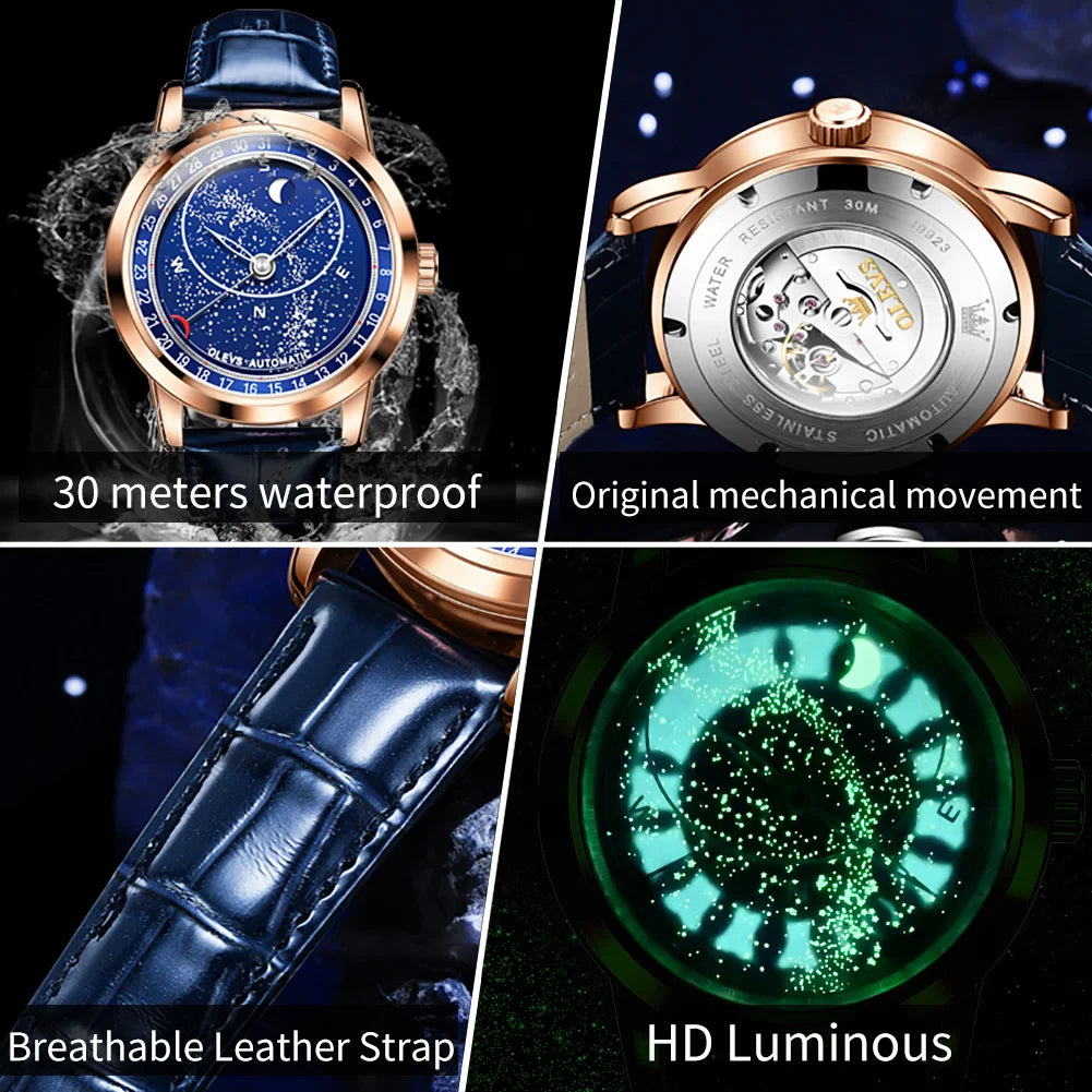 OLEVS herren Uhren Mondphase Automatische Mechanische Uhr für Mann Blau Leder Luxus Kleid Wasserdicht Leucht Armbanduhr