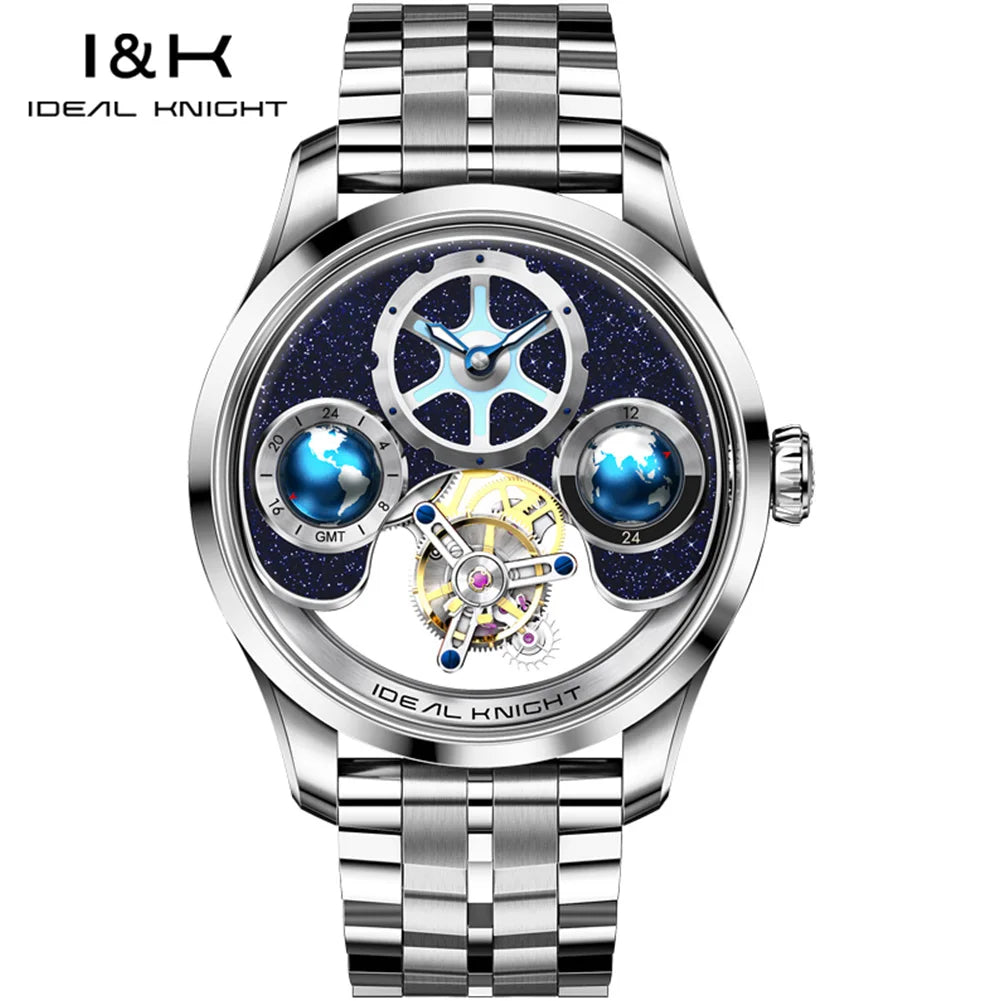 Ideal Knight 6805 Tourbillon Watch for Men 3D Rotating Blue Earth Design 12 Hours Tray Skeleton Waterproof Men's Wristwatches