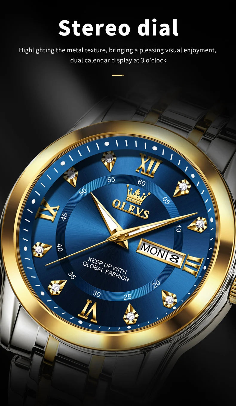 Olevs Herren uhren Mode Gold Original Quarzuhr für Mann Edelstahl wasserdicht leuchtende Armbanduhr Datum Woche römisch