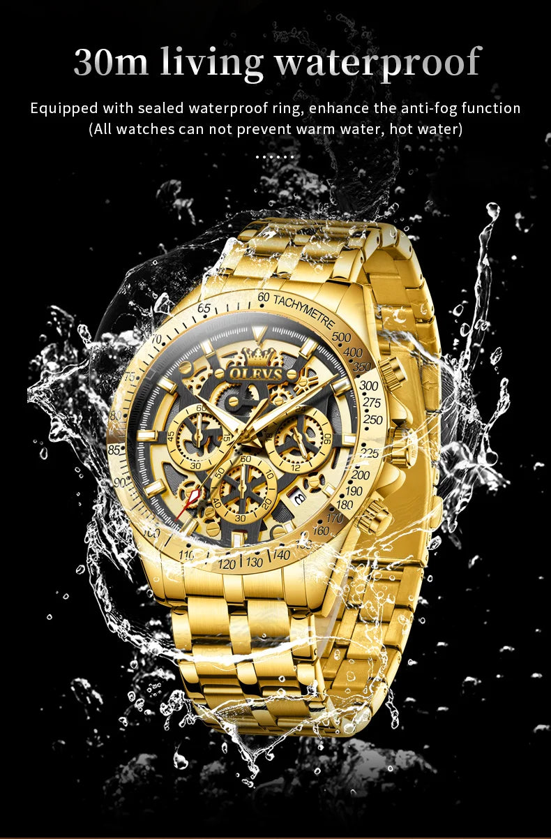 Olevs lxuxry Marke Gold Herren uhren Voll skelett Edelstahl Chronograph Armbanduhr wasserdichte leuchtende Quarzuhr Herren