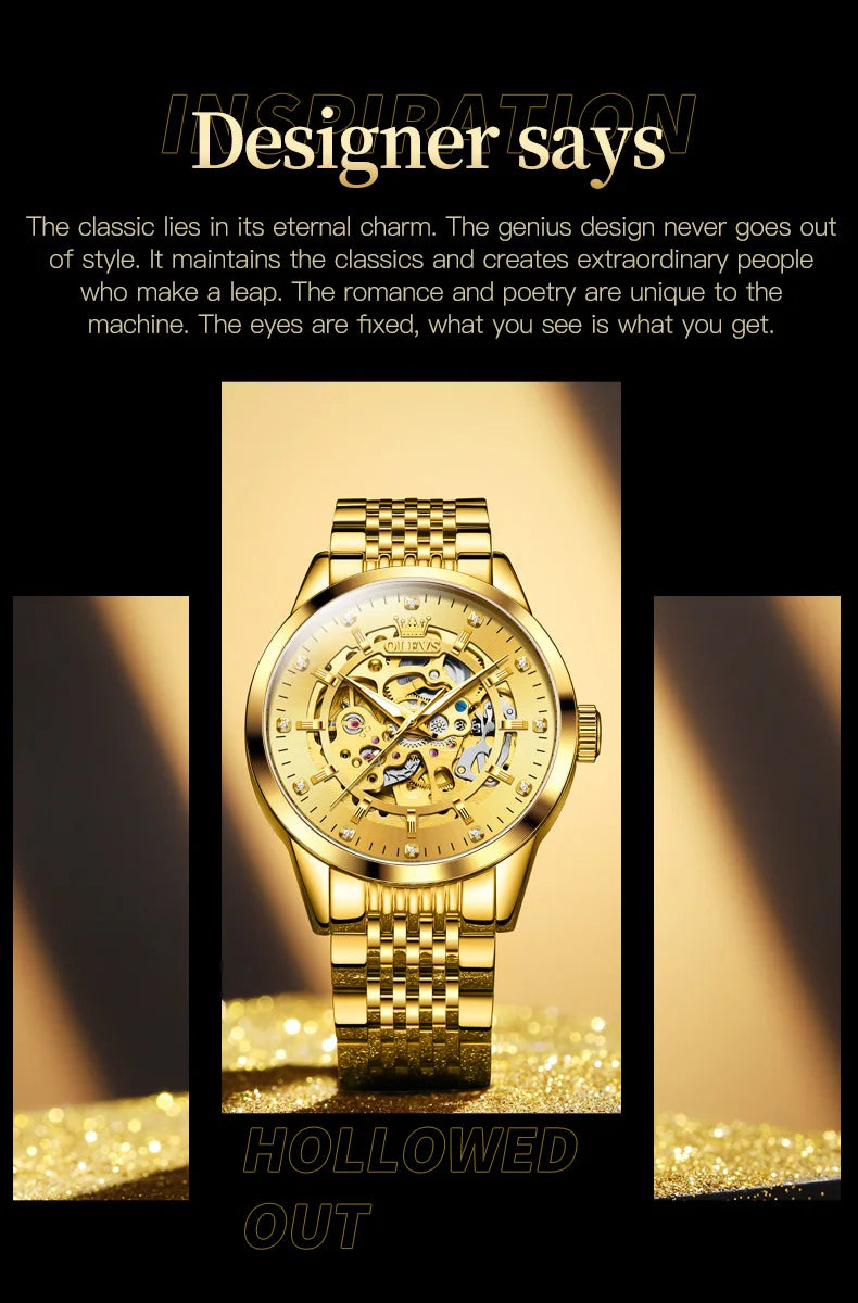 OLEVS herren Uhren Luxus Gold Skeleton Automatische Mechanische Armbanduhr für Mann Wasserdichte Edelstahl Luminous Business