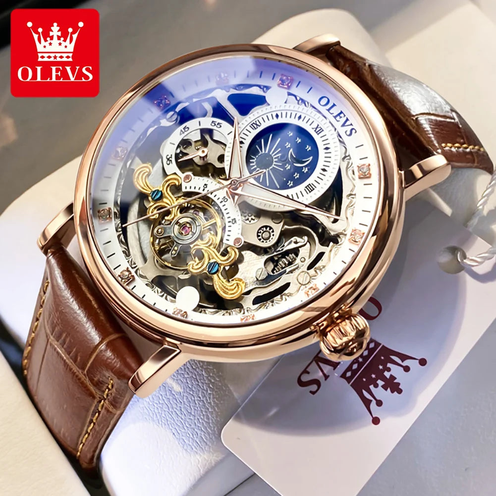 OLEVS Skelett Uhren Mechanische Automatische Uhr Männer Tourbillon Sport Uhr Casual Business Mond Armbanduhr Uhren Hombre