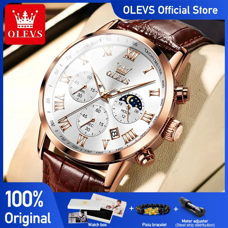 OLEVS herren Uhren Braun Leder Klassische Analog Quarz Uhr für Mann 3ATM Wasserdichte Armbanduhr Multifunktions Chronograph