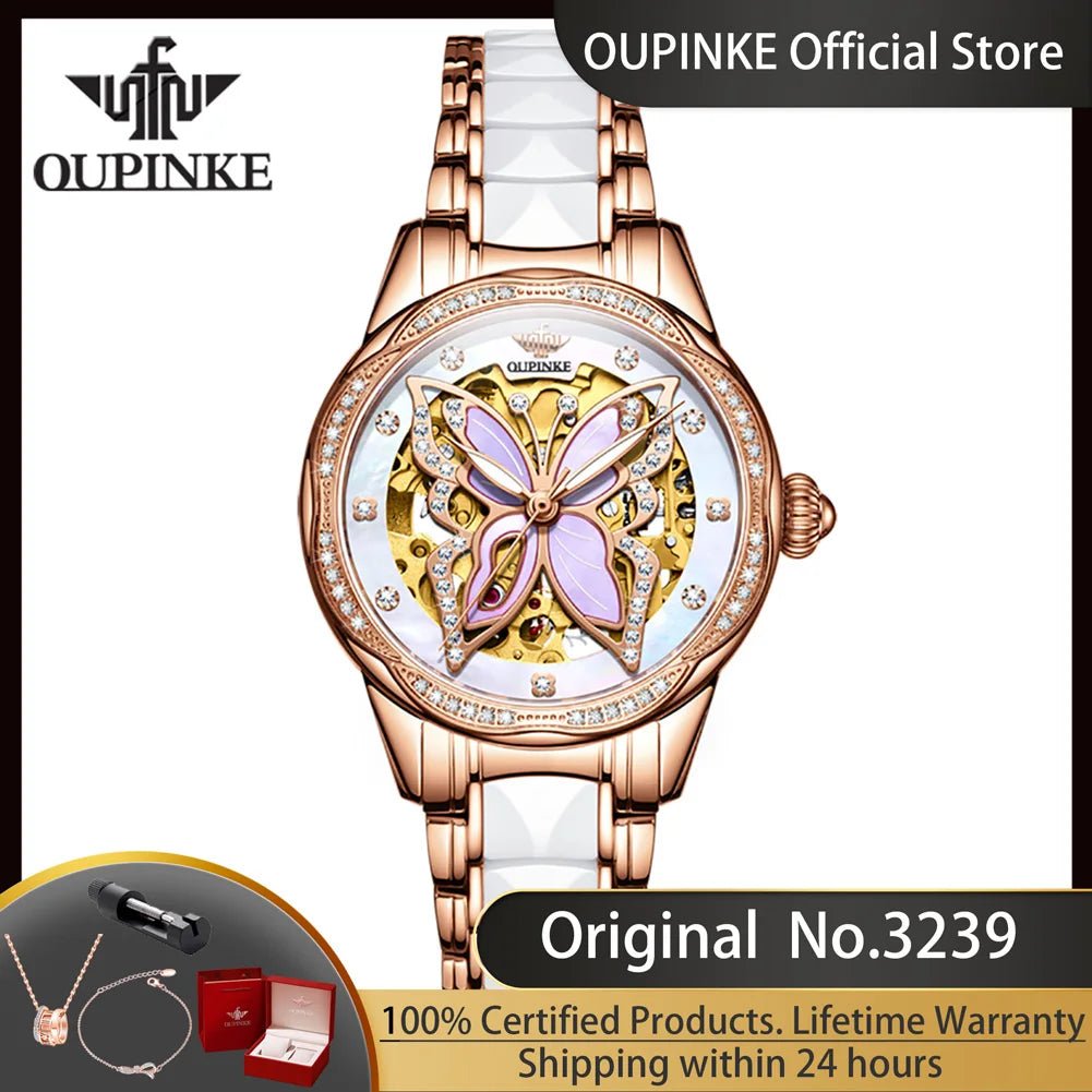 Oupinke 3239 original Damen uhren aushöhlen Schmetterling Diamant Lünette Automatik uhr für Frauen elegante mechanische Armbanduhr