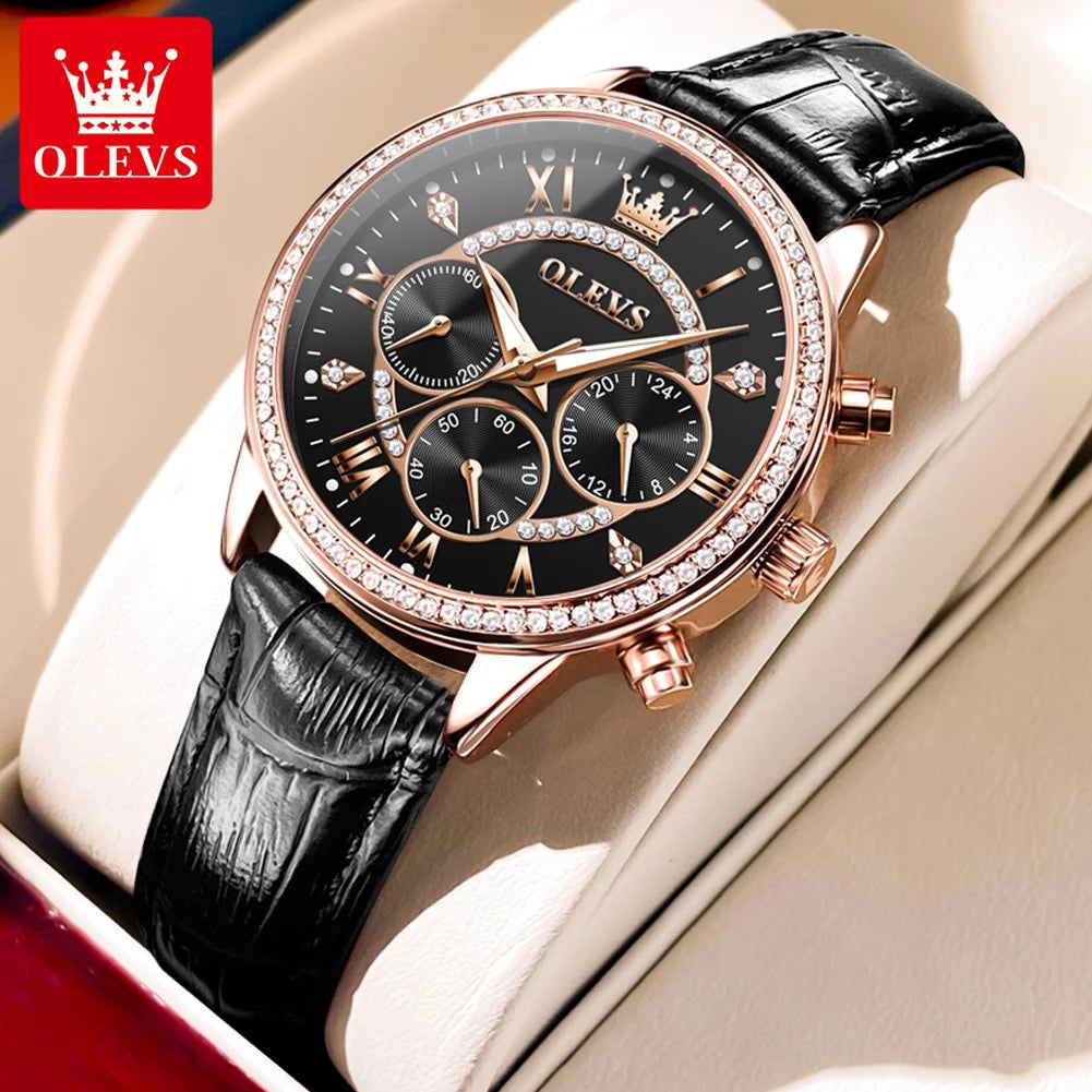 Olevs Damen uhren Mode elegante Diamant Lünette Original uhr für Damen weiches Leder armband wasserdicht leuchtenden Chronograph