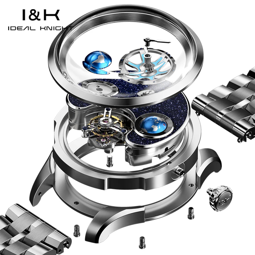 Ideal Knight 6805 Tourbillon Watch for Men 3D Rotating Blue Earth Design 12 Hours Tray Skeleton Waterproof Men's Wristwatches