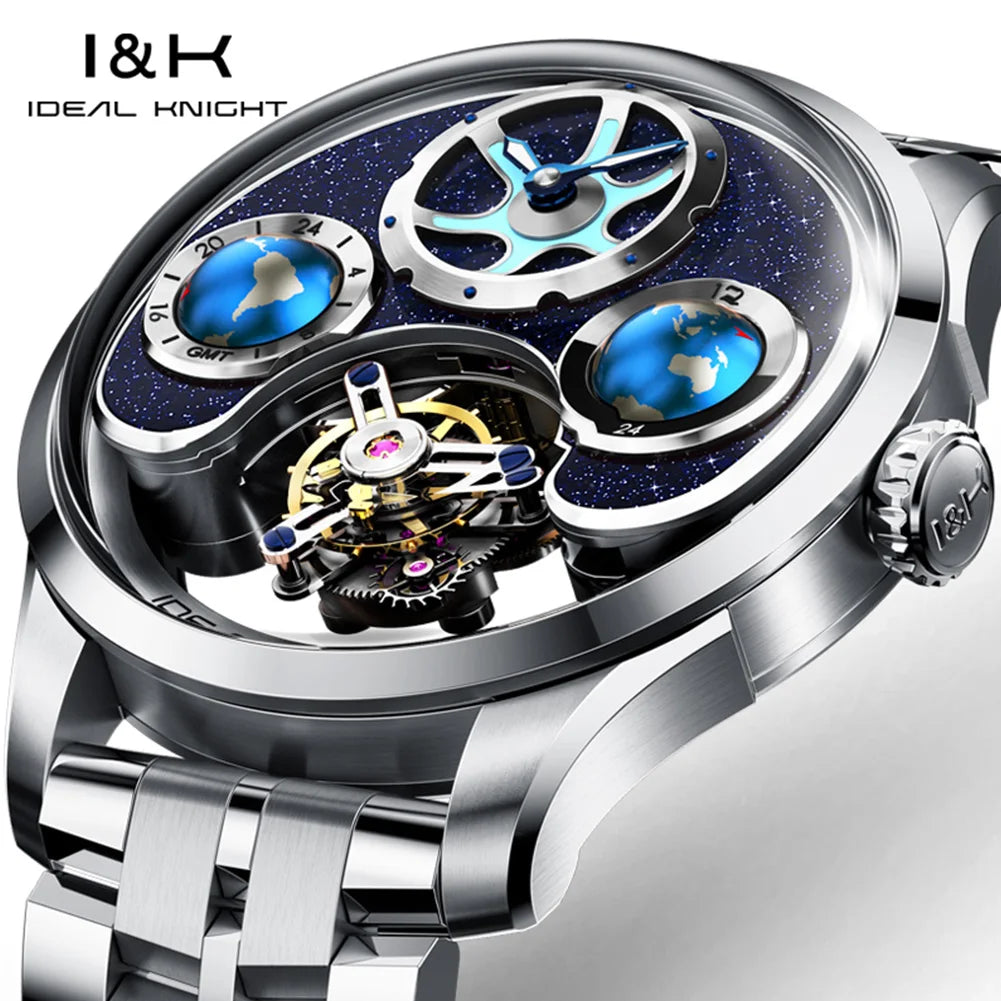 Ideale Ritter 6808 Tourbillon Uhren für Männer Blue Earth Serie High-End-Luxusmarke Skelett automatische mechanische Armbanduhren