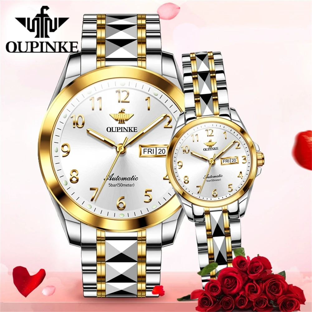 Oupinke 3228 Original Paar Uhr Set für Männer Frauen Digital Zifferblatt Business Armbanduhren Wolfram Stahl armband automatische Handuhr