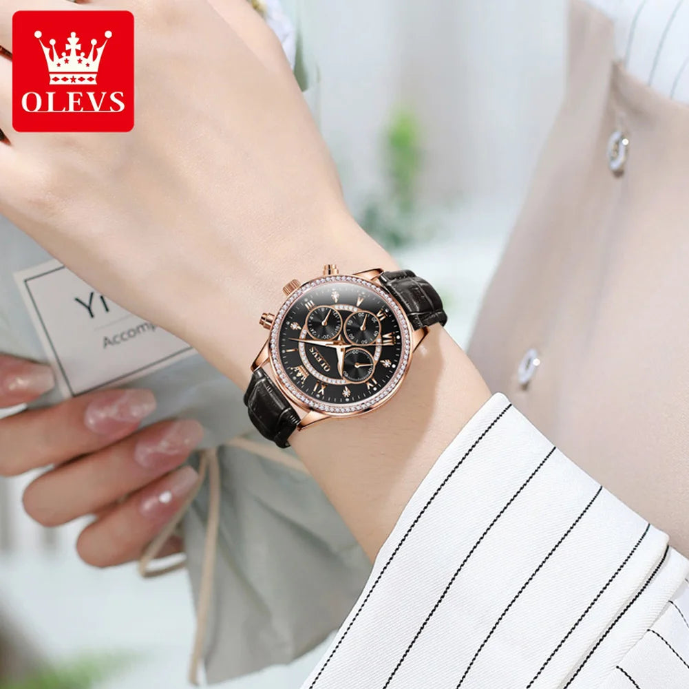 Olevs Damen uhren Mode elegante Diamant Lünette Original uhr für Damen weiches Leder armband wasserdicht leuchtenden Chronograph