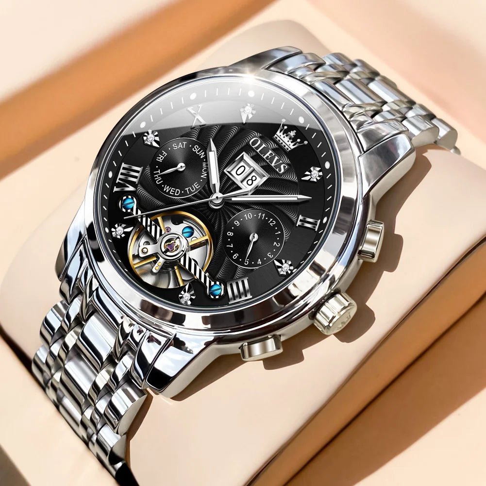 OLEVS Luxus Uhren Für Männer Automatische Uhr Wasserdichte Edelstahl Mechanische Uhren Geschenk Box Leucht Männliche Armbanduhr