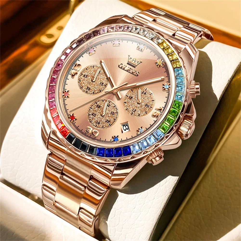 Uhr für Männer olevs Regenbogen Edelstein Lünette Geschäft Luxus Top Marke Quarzuhren wasserdichte Sport uhren reloj hombre