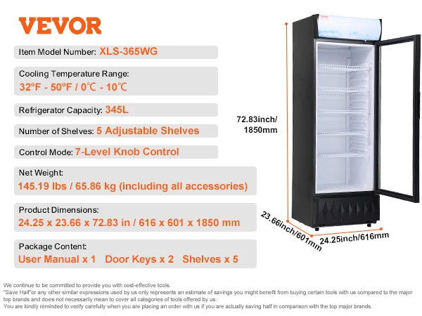 VEVOR Getränkekühlschrank Flaschenkühlschrank Schwarz 345 L, Getränkekühlschrank mit 5 Verstellbaren Einlegeböden, Gastro Getränkekühler LED 7-Stufige Knopfsteuerung, Kommerzieller Kühlschrank