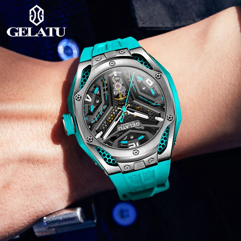 Gelatu aushöhlen Herren voll automatische mechanische Uhr Silikon armband Luxusmarke Uhr trend ige Sport Typ Herren uhr