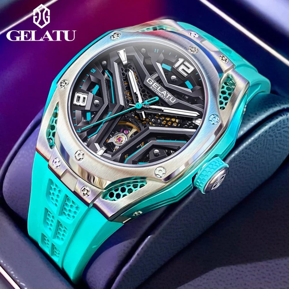 Gelatu aushöhlen Herren voll automatische mechanische Uhr Silikon armband Luxusmarke Uhr trend ige Sport Typ Herren uhr