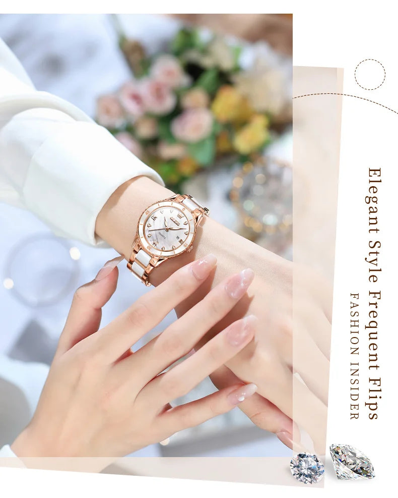 OLEVS Damenuhren, elegante Mode, Keramik, Quarz, Wirtwatch für Damen, Diamant-Skala, Datumsanzeige, wasserdicht, leuchtend