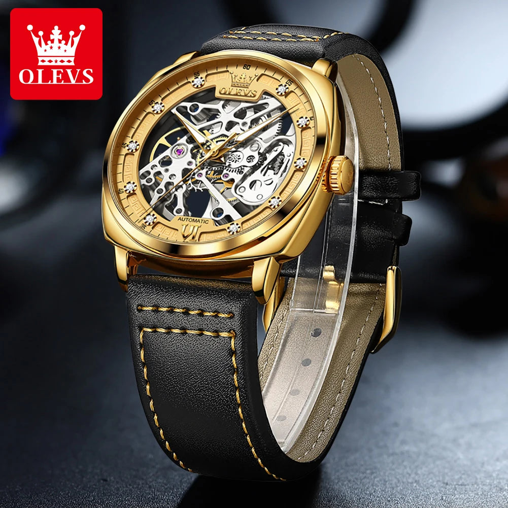 OLEVS Herrenuhren, Top-Marke, aushöhlen, automatische mechanische Armbanduhr, wasserdicht, leuchtendes Lederarmband, für Herrenmode