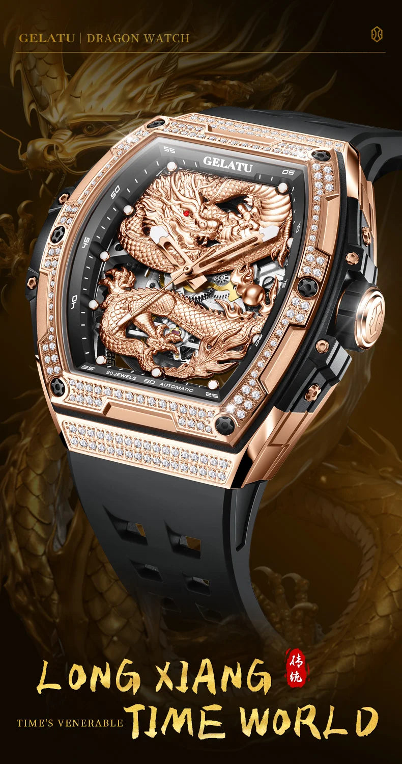 GELATU 6021 Hohle Herrenuhr, Silikonarmband, luxuriös, wasserdicht, High-End-Volldiamant-Drachen-Zifferblatt, automatische mechanische Markenuhr