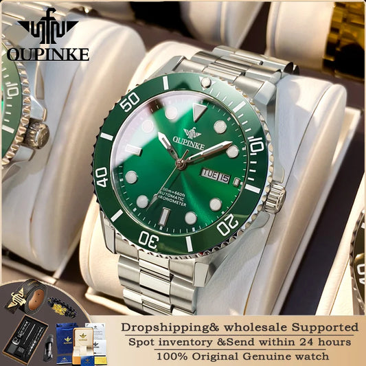 OUPINKE 3205 Diving Series Men Fully Automatic Movement Watch Classic Green Water Ghost Double Calendar Top Men Mechanical Watch