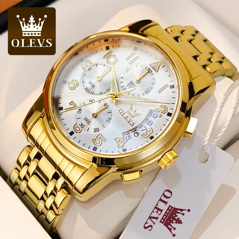 OLEVS Luxus männer Uhren Original Gold Chronograph Armbanduhr Wasserdichte Edelstahl Leucht Quarzuhr für Mann Sozialen