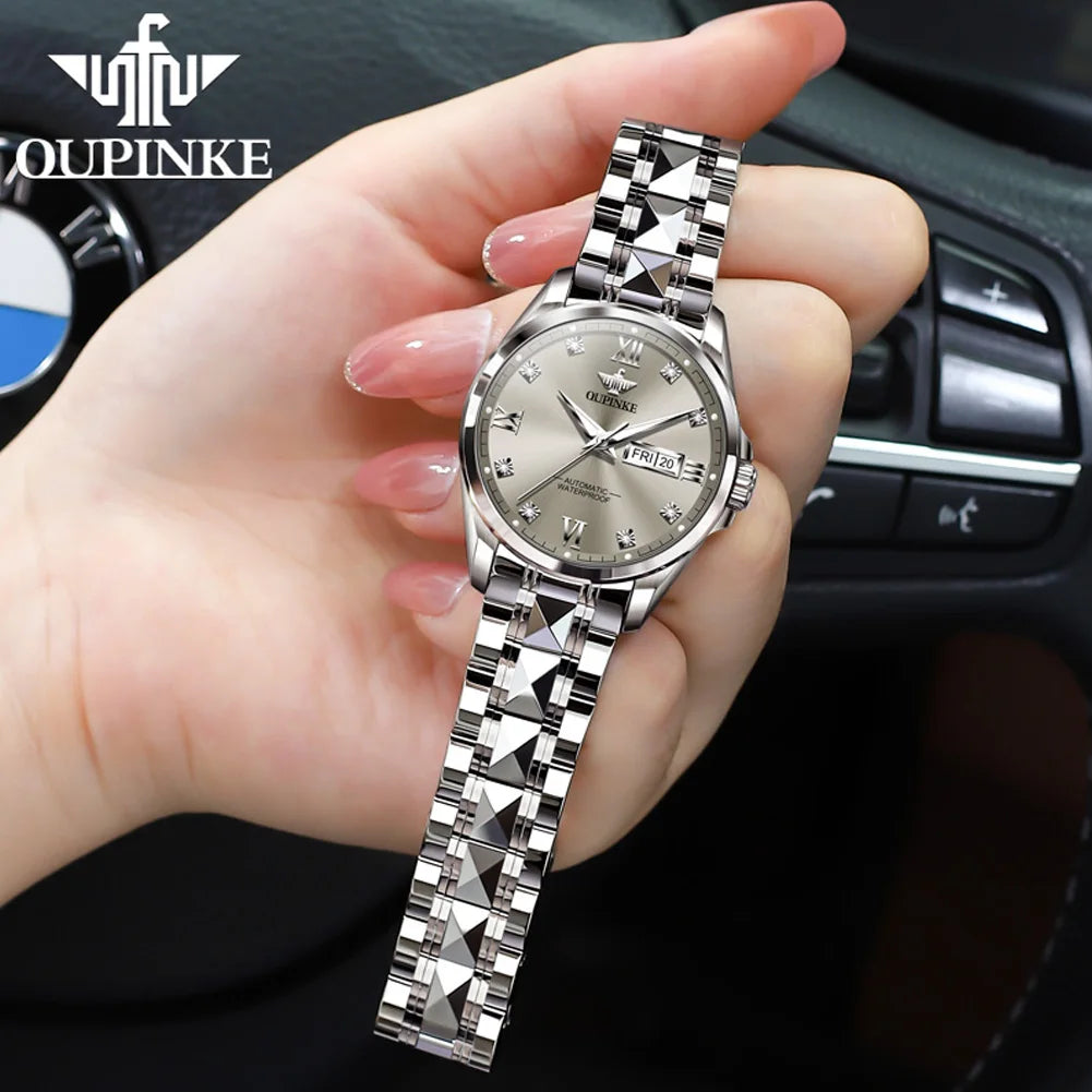 Oupinke Damen mechanische Armbanduhr Wolfram Stahl Diamant waage Original Japan Uhrwerk voll automatische Uhr für Frauen