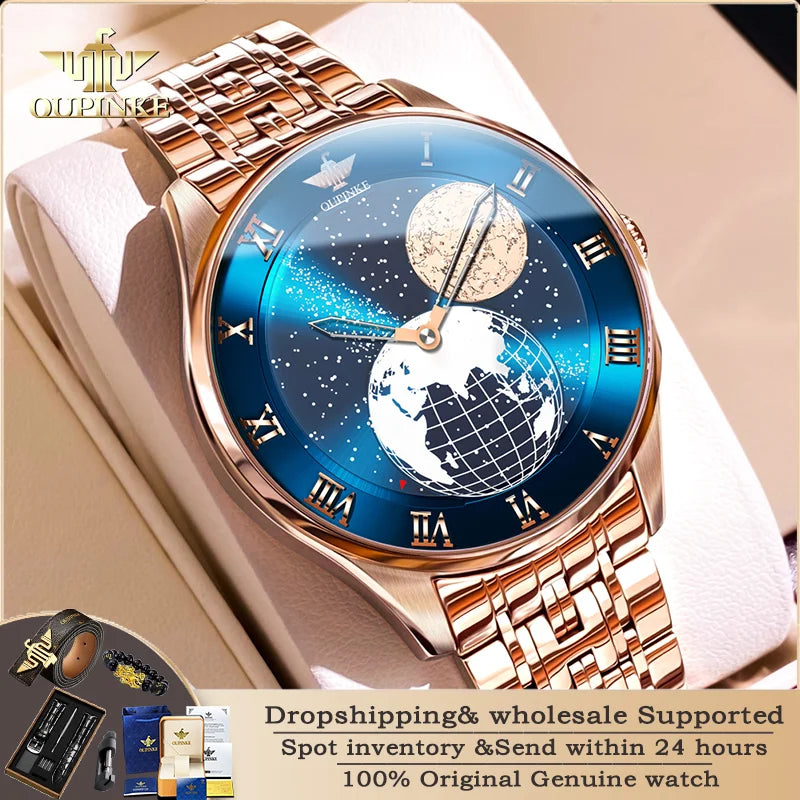 OUPINKE 3230 Men's Fully Automatic Mechanical Watch High Quality CITIZEN Movement Watch 3D Earth Starry Sky Business Men's Watch