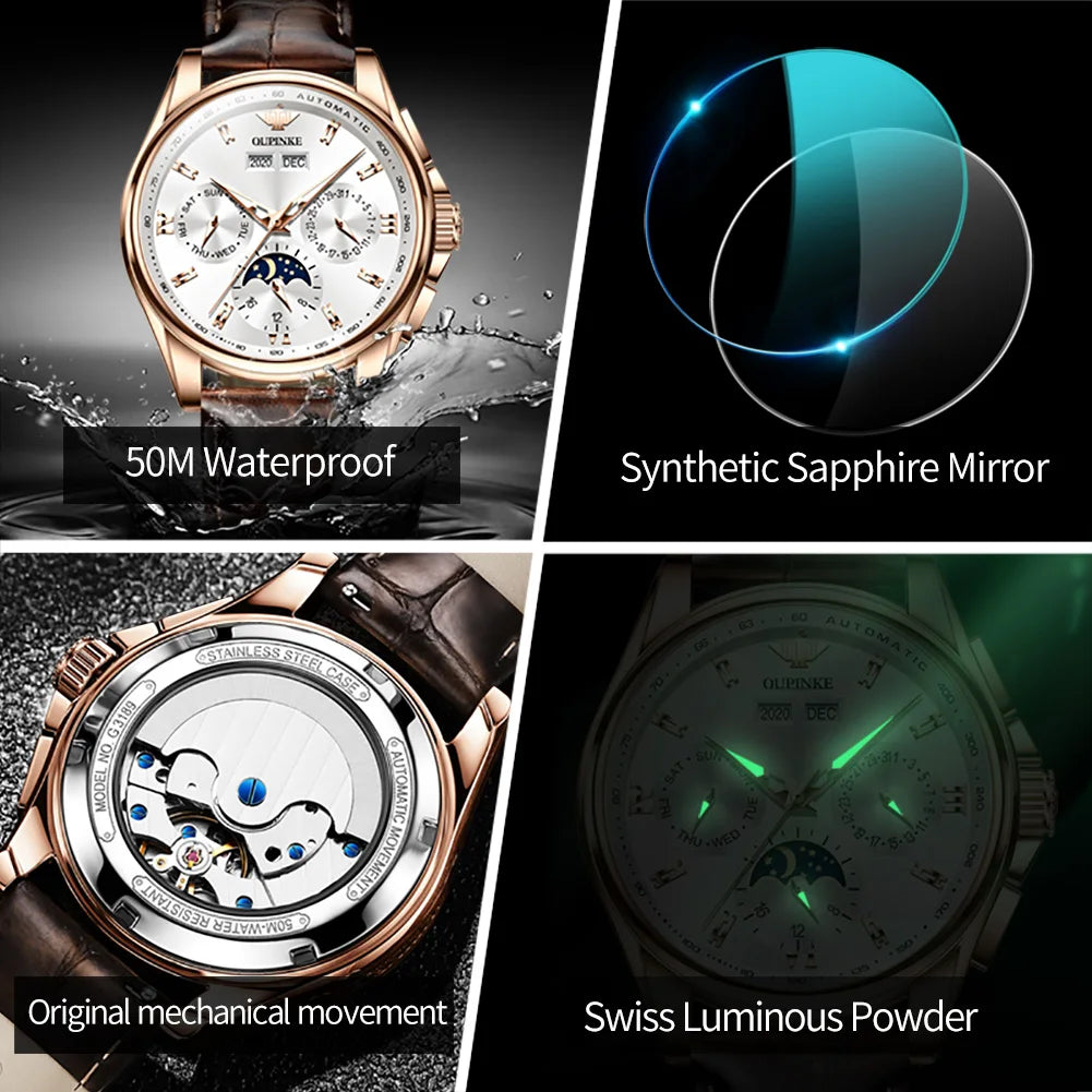 OUPINKE 3189 Herrenuhr Top Luxusmarke Automatische mechanische Uhr Mode Leder Wasserdicht Saphirspiegel Mond Herrenuhr