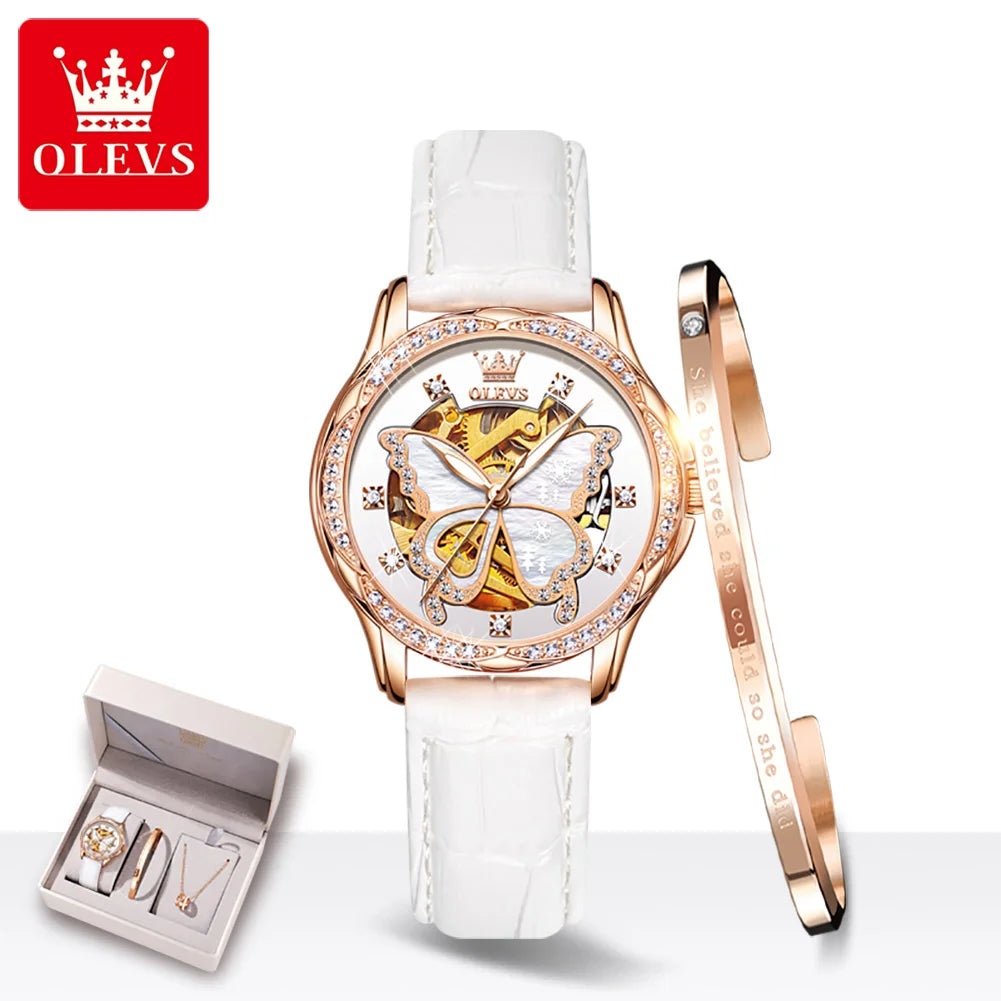 OLEVS Top Marke Mechanische Frauen Uhr Mode Schweiz Luxus Marke Damen Armbanduhr Automatische Lederband Geschenk