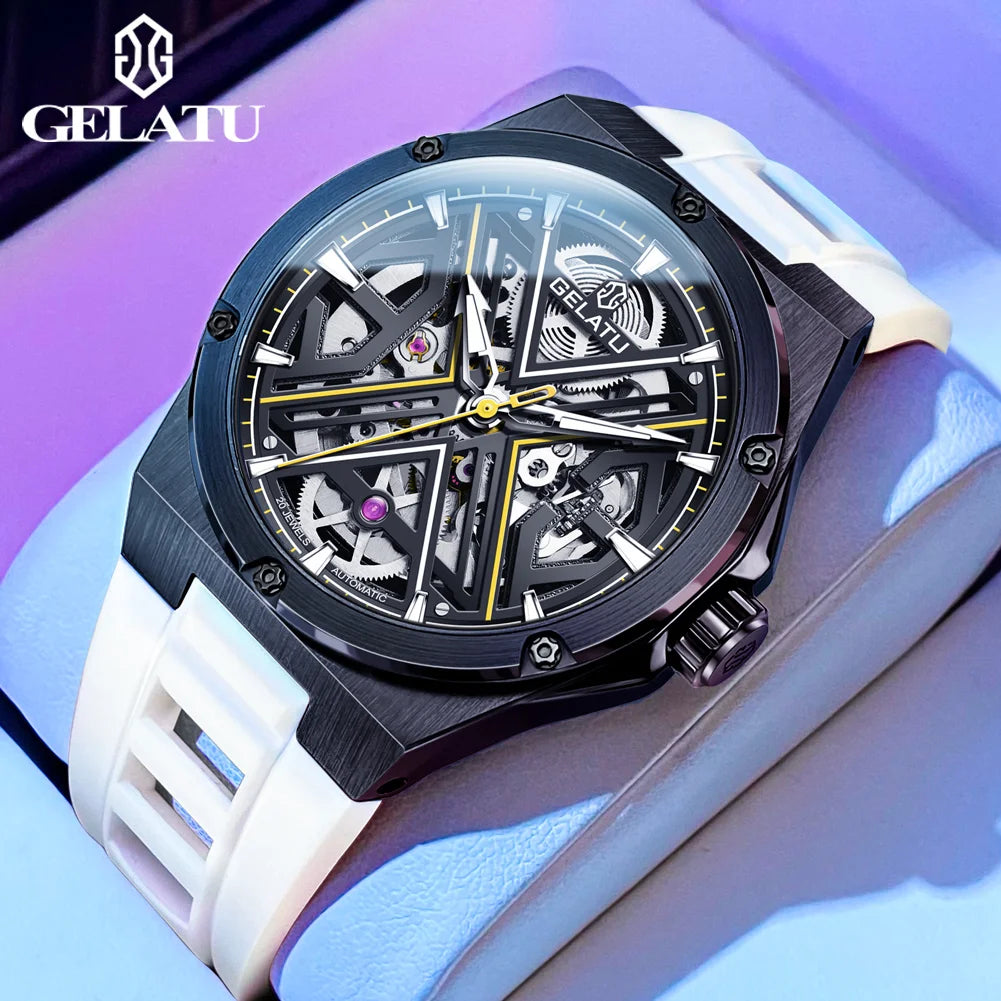 Gelatu aushöhlen automatische mechanische Uhr Luxusmarke Saphir Spiegel wasserdichtes Silikon armband Herren uhr reloj hombre