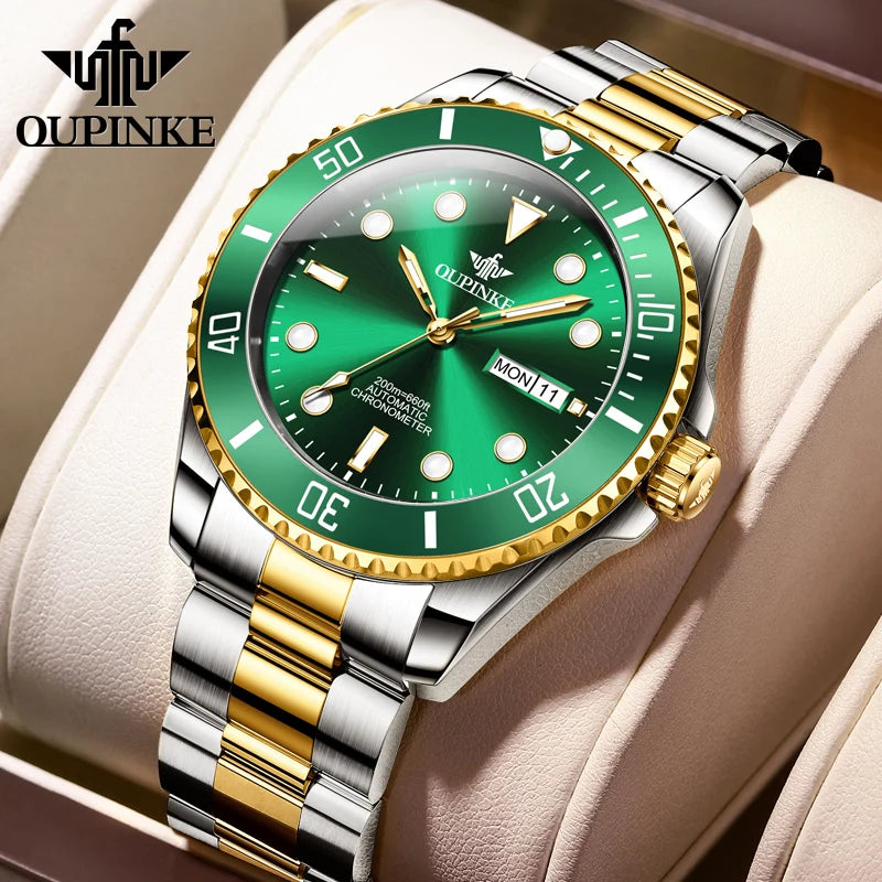 OUPINKE 3205 Diving Series Men Fully Automatic Movement Watch Classic Green Water Ghost Double Calendar Top Men Mechanical Watch