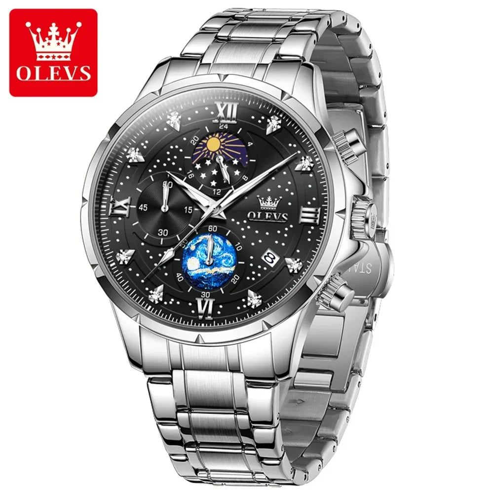 OLEVS Luxury Luminous Starry Sky Dial Men's Watches Moon Phase Waterproof Original Quartz Watch for Male Wristwatch Chronograph