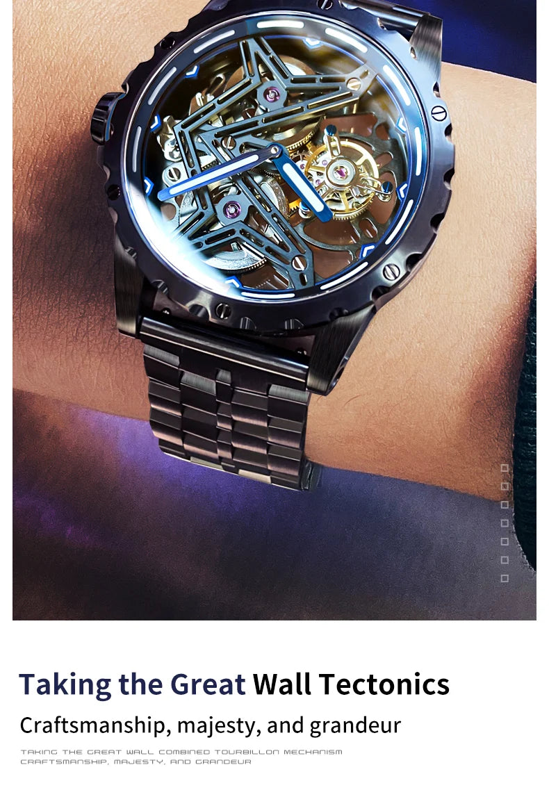 Ideale Ritter 6803 transparente Tourbillon Mann Uhr große Wand Serie Skelett aushöhlen automatische mechanische Armbanduhr für Männer