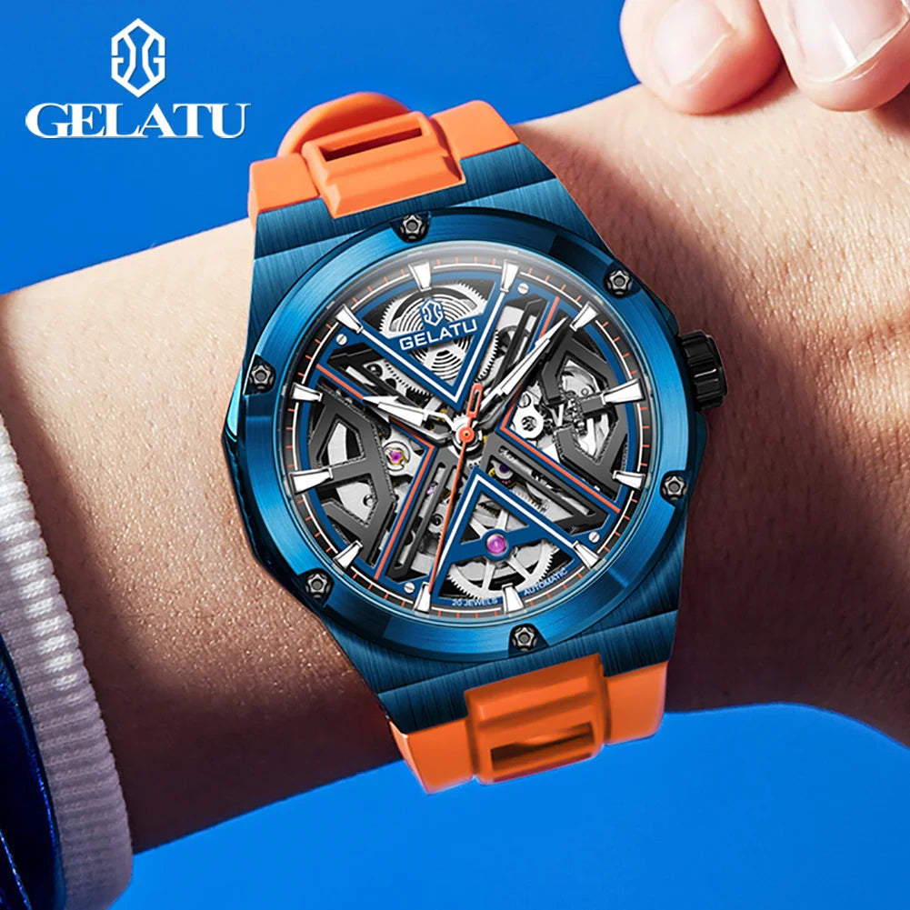 Gelatu aushöhlen automatische mechanische Uhr Luxusmarke Saphir Spiegel wasserdichtes Silikon armband Herren uhr reloj hombre