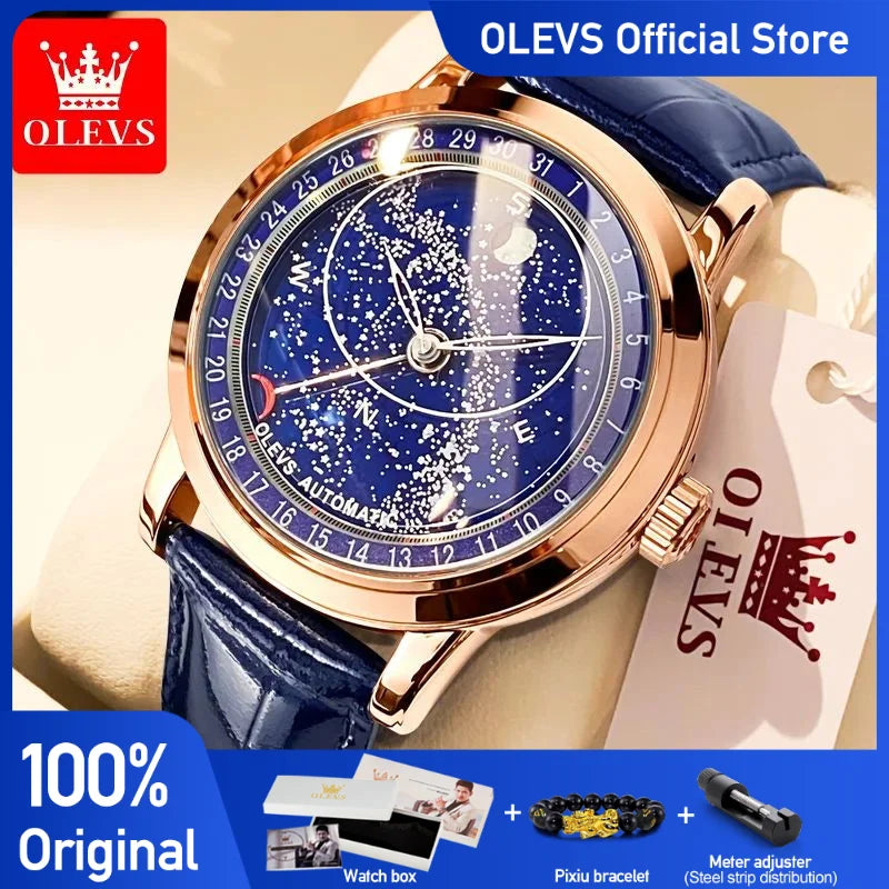 OLEVS herren Uhren Mondphase Automatische Mechanische Uhr für Mann Blau Leder Luxus Kleid Wasserdicht Leucht Armbanduhr