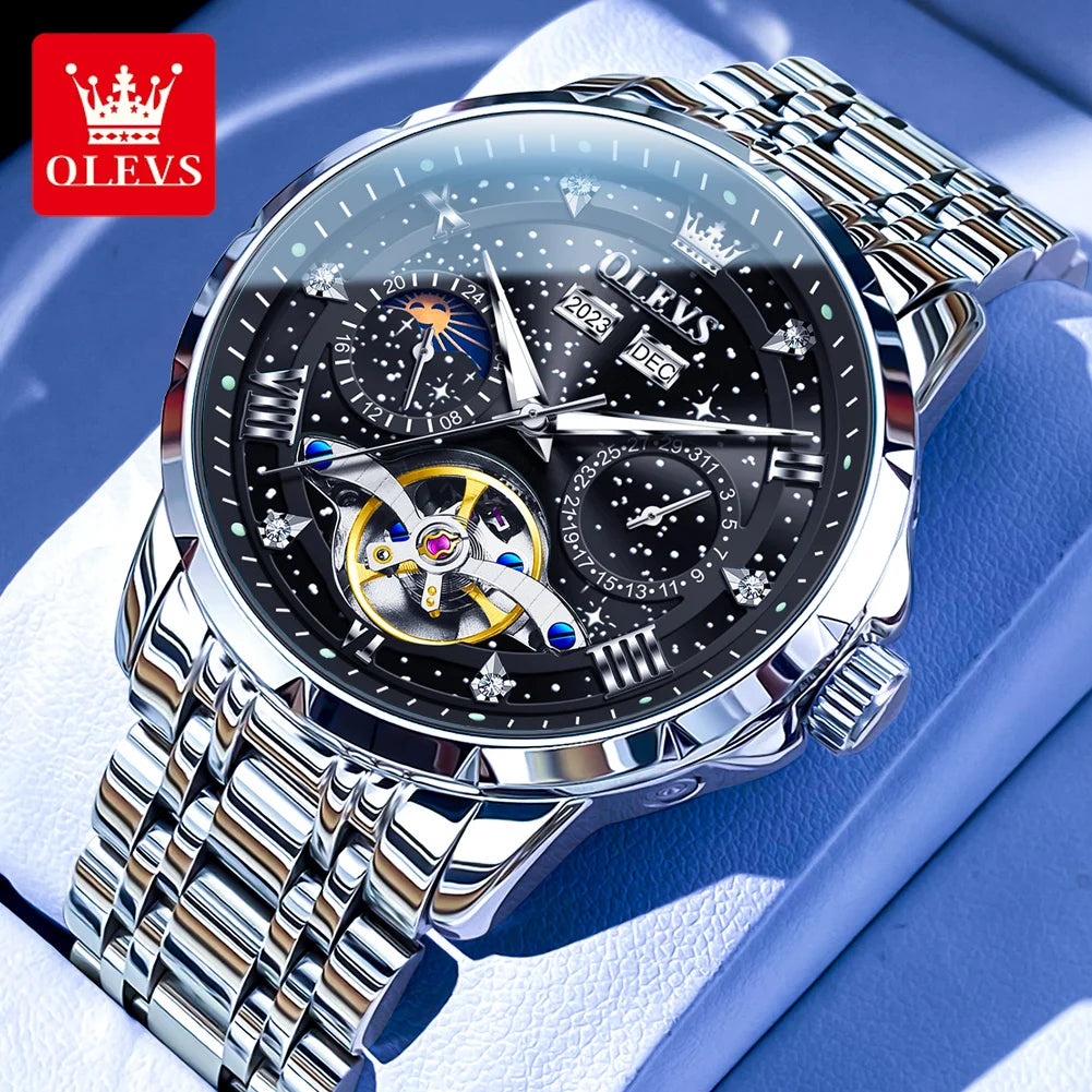 OLEVS Original Marke herren Uhren Mond Phase Starry DiskWasserdichte Multifunktionale Leuchtende Voll Automatische Mechanische Uhr ﻿