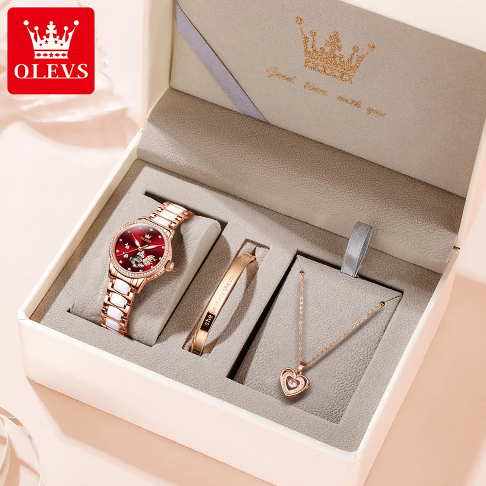 OLEVS Damenuhren, Top-Marke, modische mechanische Armbanduhr, Glück, Koi, Karpfen, Bohrring, Zifferblatt, Uhr für Damen, wasserdichte Keramik