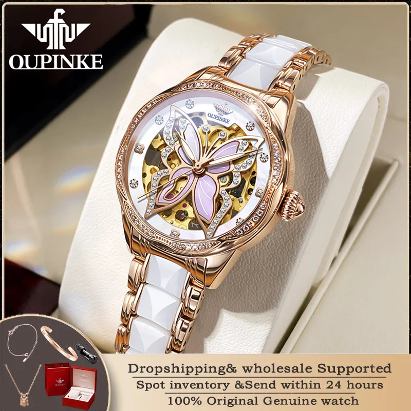 Oupinke 3239 elegante Keramik automatische Maschinen Damen uhr Luxus Diamant Schmetterling Skelett Frauen Armband Set Reloj Mujer