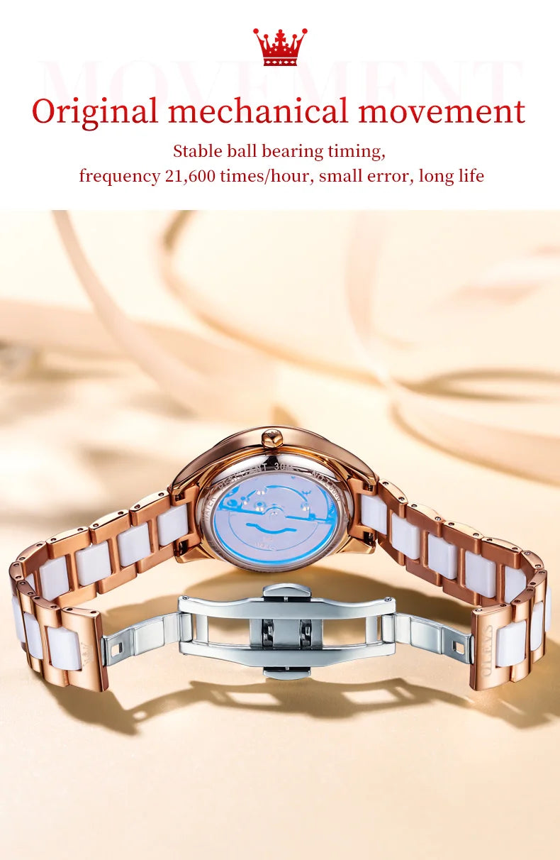 Olevs 6686 Liebe Zifferblatt Luxus mechanische Uhr für Frauen Keramik Stahl armband wasserdichte Armbanduhr Diamant Auto Datum Frau Uhren