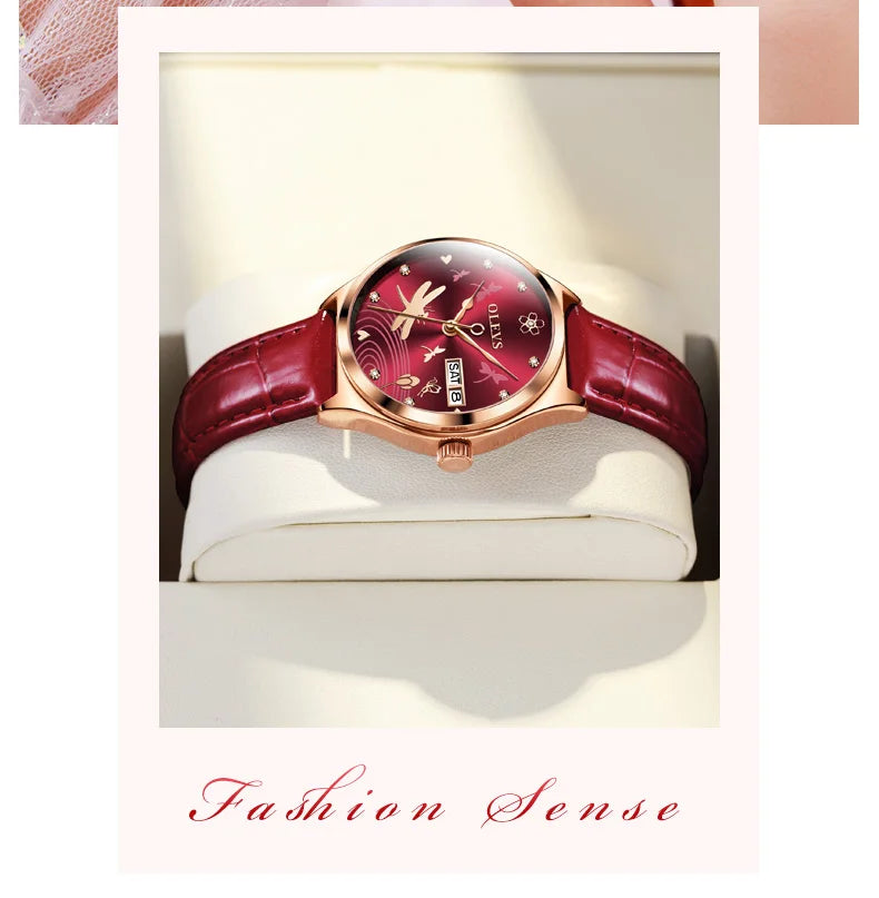 Olevs Luxus Damenmode rote Uhren Qualitäten mechanische Uhr Damen Leder Armbanduhren elegante montre femme